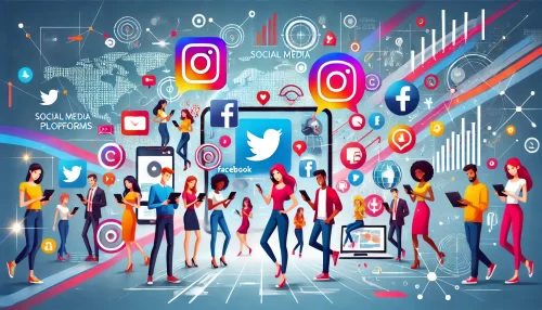 How Online Marketing Helps Business Attract New Customers A modern, vibrant 16:9 illustration of animated characters using social media platforms to connect with new audiences.
