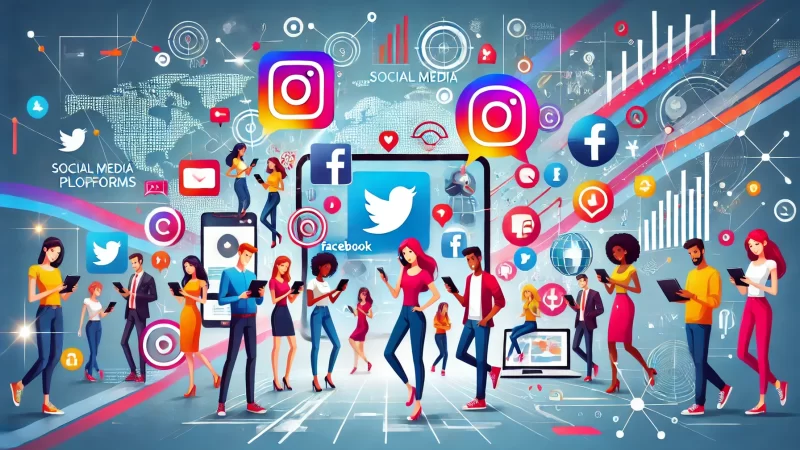 How Online Marketing Helps Business Attract New Customers A modern, vibrant 16:9 illustration of animated characters using social media platforms to connect with new audiences.