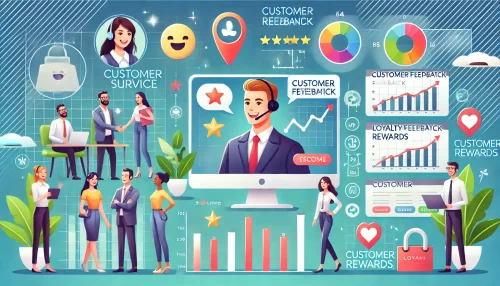 How to Start a Profitable Sellfy Store in 2025 A modern and informative digital illustration featuring animated characters and scenes related to customer service and retention.