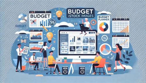 How to Get Affordable iStock Images for Any Project A modern and informative digital illustration featuring animated characters and scenes related to budgeting with iStock images.