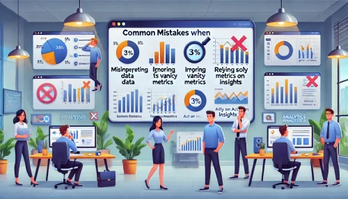Why Google Analytics for WordPress by MonsterInsights Is Essential A modern and informative image featuring animated characters and scenes illustrating common mistakes to avoid when using website analytics.