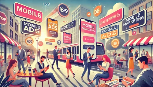 How Online Marketing Helps Business Attract New Customers A modern and visually appealing 16:9 aspect ratio scene illustrating mobile marketing for on-the-go customers.