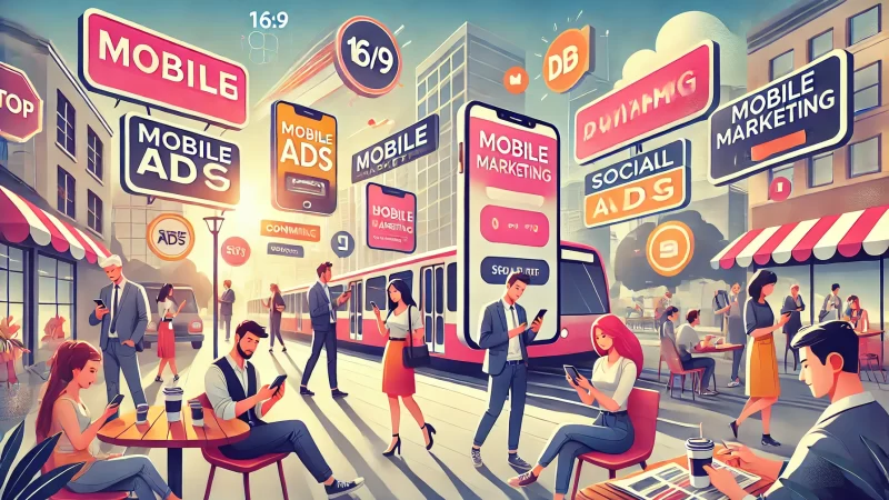 How Online Marketing Helps Business Attract New Customers A modern and visually appealing 16:9 aspect ratio scene illustrating mobile marketing for on-the-go customers.