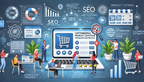 How to Use Dsers Shopify for Seamless Dropshipping A modern and informative digital illustration with animated characters and scenes, focusing on optimizing product listings for higher conversions.