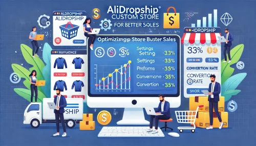 Get Your Alidropship Custom Store Done Right Today! A modern and informative digital illustration featuring animated characters working on optimizing an Alidropship custom store for better sales.