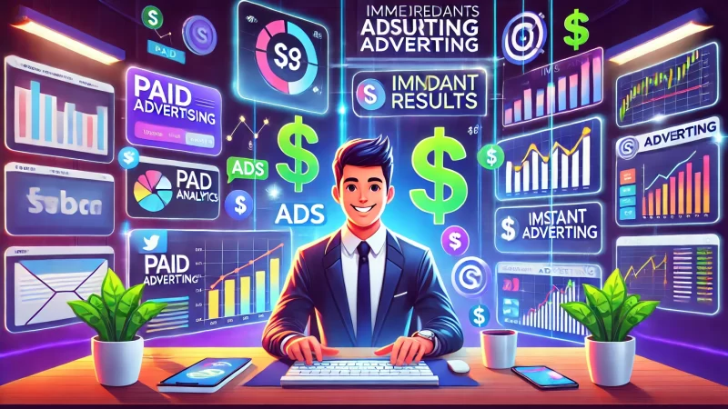 How Online Marketing Helps Business Attract New Customers A modern and vibrant 16:9 digital illustration featuring animated characters and scenes related to paid advertising.