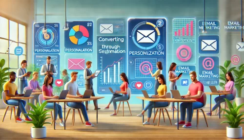 Effective Email Marketing Strategies to Boost Your Sales A modern, vibrant, and informative digital illustration showcasing animated characters interacting with a sleek dashboard displaying data on personalization and segmentation.