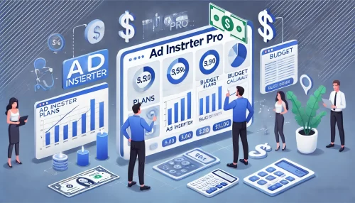 Ad Inserter Pro vs Free: Which Version Is Right for You? A modern and informative digital illustration featuring animated characters comparing pricing plans of Ad Inserter Pro.