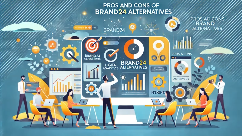 Top Brand24 Competitors Offering Excellent Value A modern and informative illustration wich features animated characters engaged in digital marketing and data analytics activities, symbolizing the concept of evaluating tools and services.