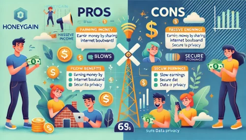 Honeygain App: Earn Passive Income with Your Internet A modern and informative digital illustration featuring animated characters and scenes representing the pros and cons of using the Honeygain app.