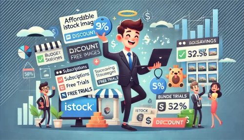How to Get Affordable iStock Images for Any Project A modern and informative illustration featuring animated characters and scenes related to finding affordable iStock images.
