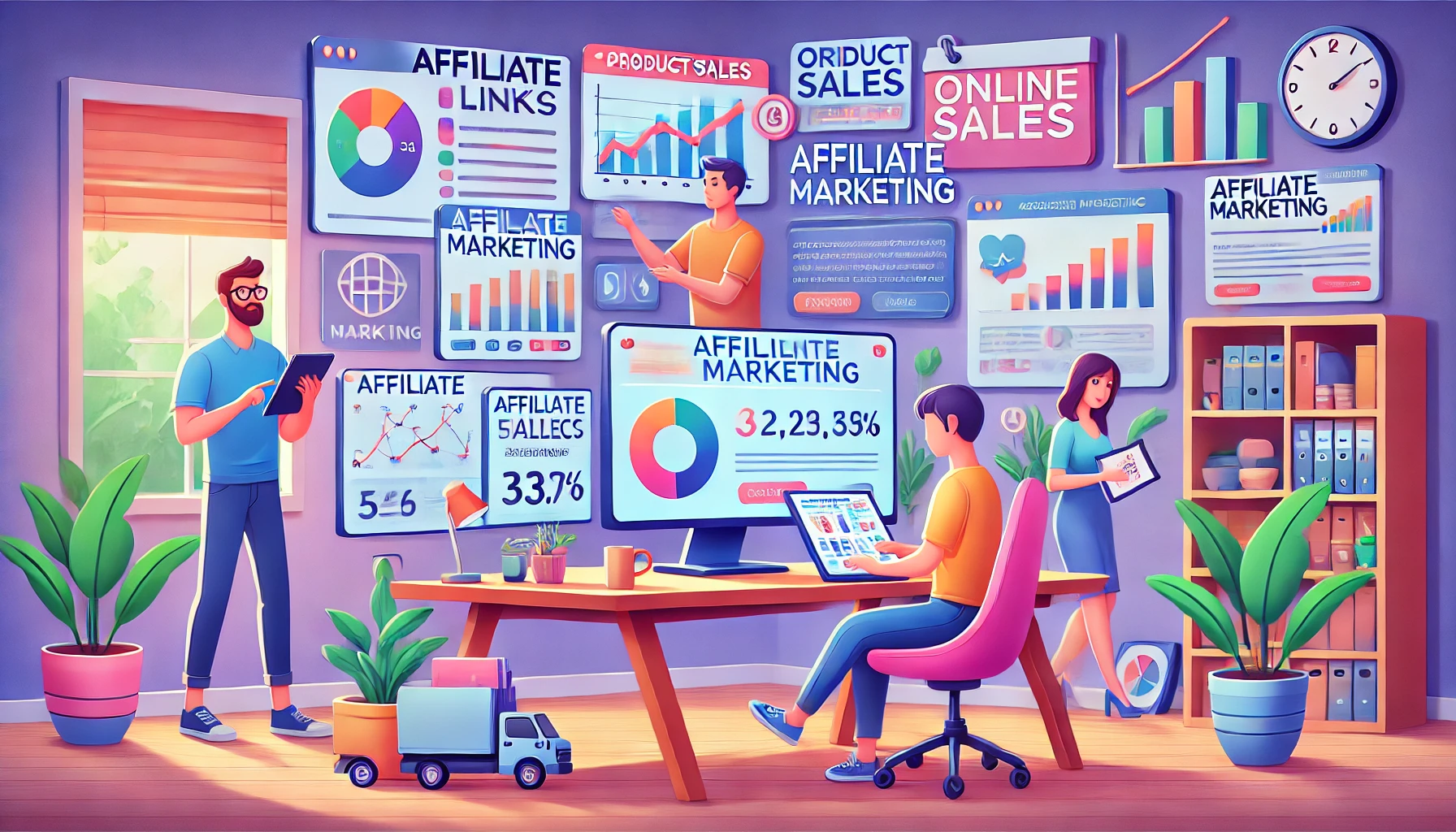 A modern and vibrant digital illustration featuring animated characters engaging on how to make money online through affiliate marketing.