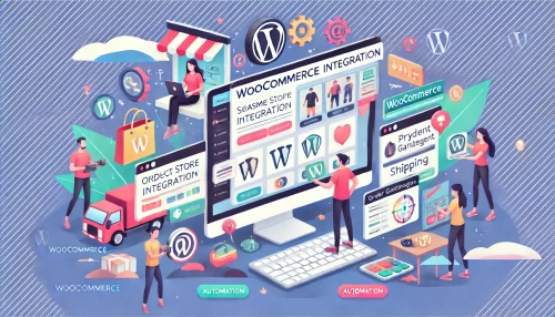 Top 10 Reasons to Use Divi Theme for Stunning Sites A modern and informative image featuring animated characters and scenes depicting seamless WooCommerce integration for online stores.