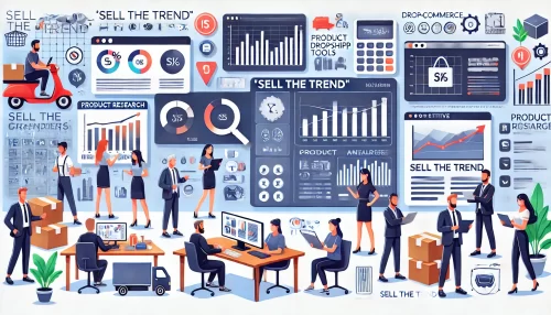 Sell The Trend Review: Is It the Best Dropshipping Tool? Create a modern and informative image featuring animated characters and scenes that visually compare 'Sell The Trend' with its competitors.