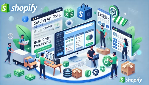 How to Use Dsers Shopify for Seamless Dropshipping An informative and modern image with a 16:9 aspect ratio featuring animated characters and scenes related to setting up DSers on a Shopify store.