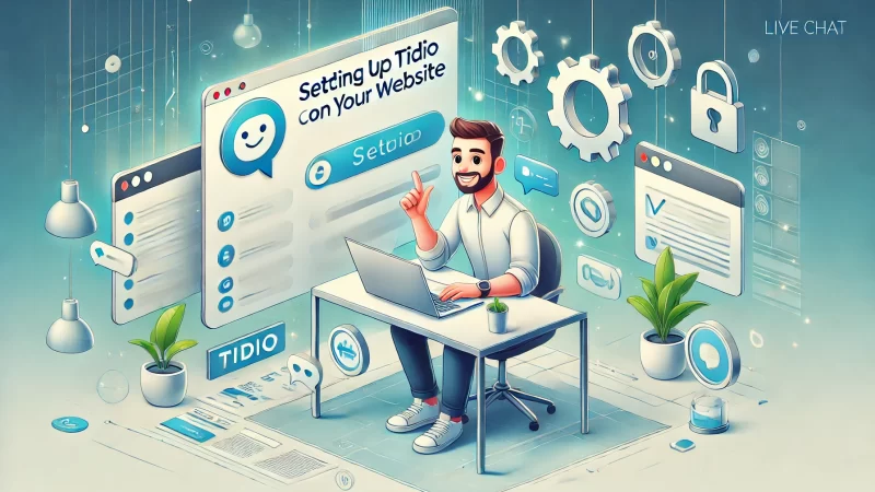 Tidio Live Chat: Boost Sales with Real-Time Engagement A digital illustration of a step-by-step process for setting up Tidio Live Chat on a website, featuring animated characters.