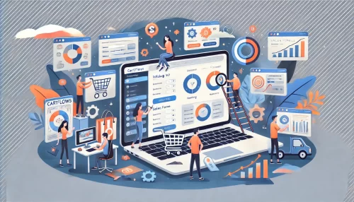 CartFlows Plugin: Simplify Your Sales Funnels Like a Pro A modern and informative digital illustration featuring animated characters setting up the CartFlows plugin for success.