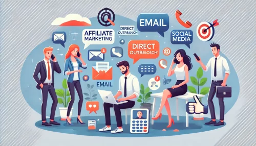 How to Promote Affiliate Products Without a Website A modern, informative illustration featuring animated characters engaging in direct outreach for affiliate marketing.