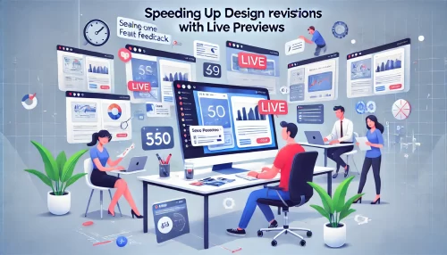 5 Ways Beaver Builder WordPress Improves Your Workflow A modern and informative illustration featuring animated characters and scenes showcasing the concept of speeding up design revisions with live previews.