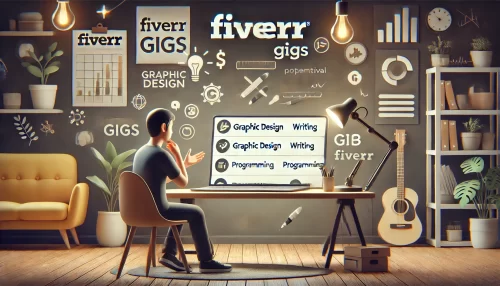 Fiverr Make Money in 7 Days: Quick-Start Freelancer Plan A modern and informative digital scene showing an animated character sitting at a desk with a laptop, reviewing a list of potential Fiverr gigs on the screen.
