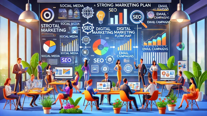 How to Do Online Marketing Business in 10 Simple Steps A visually engaging, modern, and informative digital illustration featuring animated characters and scenes representing a strong online marketing plan.