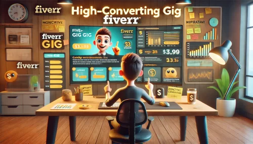 Fiverr Make Money in 7 Days: Quick-Start Freelancer Plan A modern and informative digital scene showing an animated character creating a high-converting Fiverr gig.