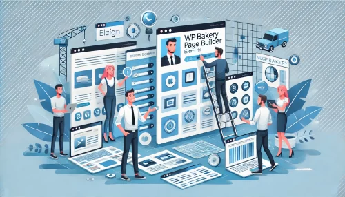 How to Use WPBakery Page Builder Step-by-Step Tutorial A modern and informative digital illustration featuring animated characters enhancing a web design using WPBakery Page Builder elements.