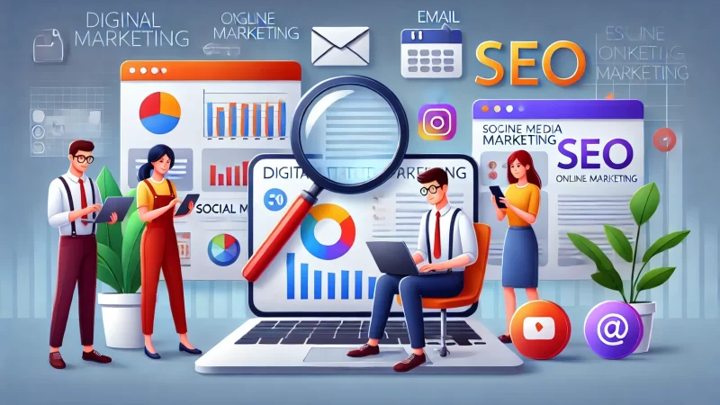 How to Do Online Marketing Business in 10 Simple Steps A modern and informative illustration featuring animated characters in a digital marketing setting.