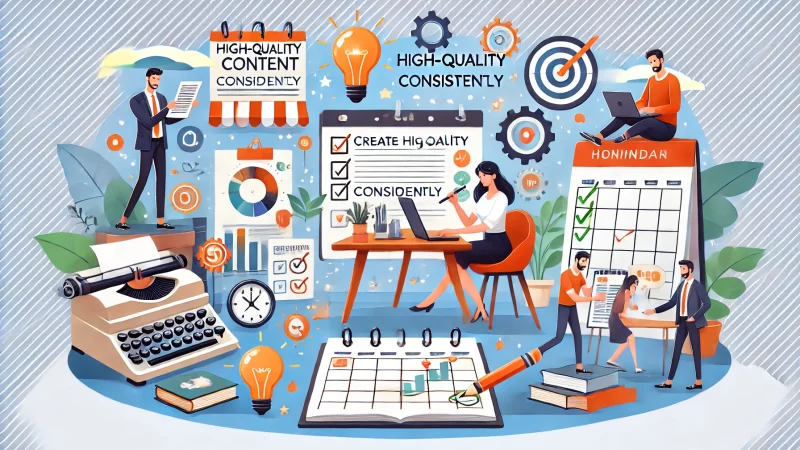 How to Do Online Marketing Business in 10 Simple Steps A modern and informative illustration featuring animated characters and scenes that emphasize creating high-quality content consistently.