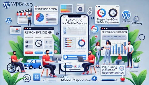 How to Use WPBakery Page Builder Step-by-Step Tutorial A modern, informative digital illustration featuring animated characters and scenes representing the process of optimizing a website for mobile devices using WPBakery.