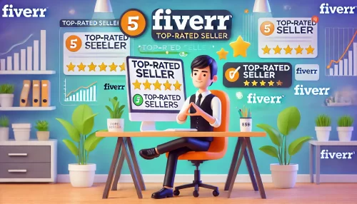 Fiverr Make Money in 7 Days: Quick-Start Freelancer Plan A modern and informative scene featuring an animated character representing a successful Fiverr freelancer sitting confidently at a desk with a computer, displaying their 'Top-Rated Seller' badge.