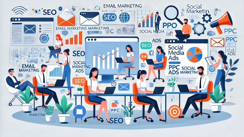 How to Do Online Marketing Business in 10 Simple Steps A modern, informative illustration featuring animated characters and scenes depicting online marketing campaigns.