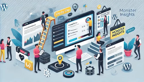 Why Google Analytics for WordPress by MonsterInsights Is Essential A modern and informative illustration featuring animated characters and scenes depicting the step-by-step process of installing MonsterInsights on a WordPress website.