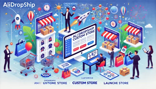 Get Your Alidropship Custom Store Done Right Today! A modern and informative digital illustration featuring animated characters and scenes related to ordering an Alidropship custom store.