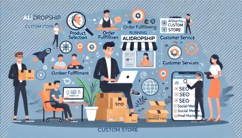 Get Your Alidropship Custom Store Done Right Today! Create a modern and informative image with animated characters and scenes illustrating success tips for running an Alidropship custom store.