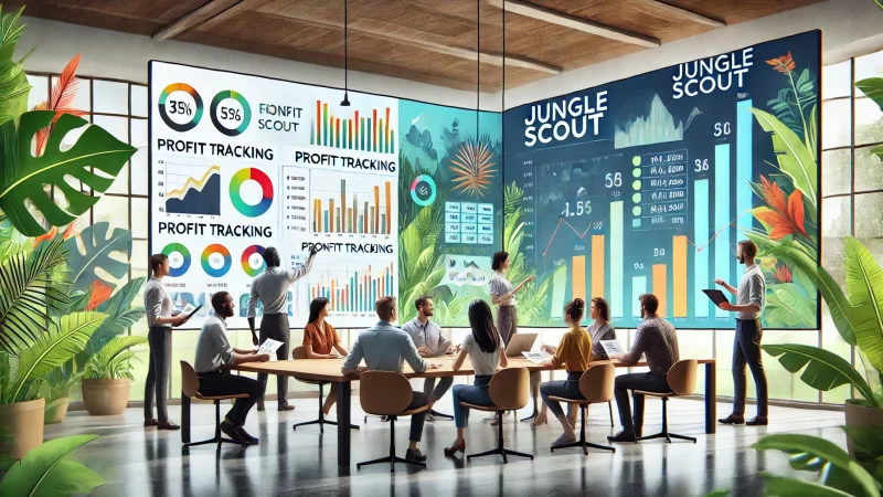 Jungle Scout: Your Key to Seller Success A modern and informative scene featuring animated characters analyzing financial data using Jungle Scout software.