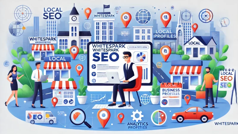 Is Whitespark SEO the Missing Piece to Your Local Success? A modern and informative illustration featuring animated characters and scenes, showcasing the role of Whitespark SEO in local optimization.