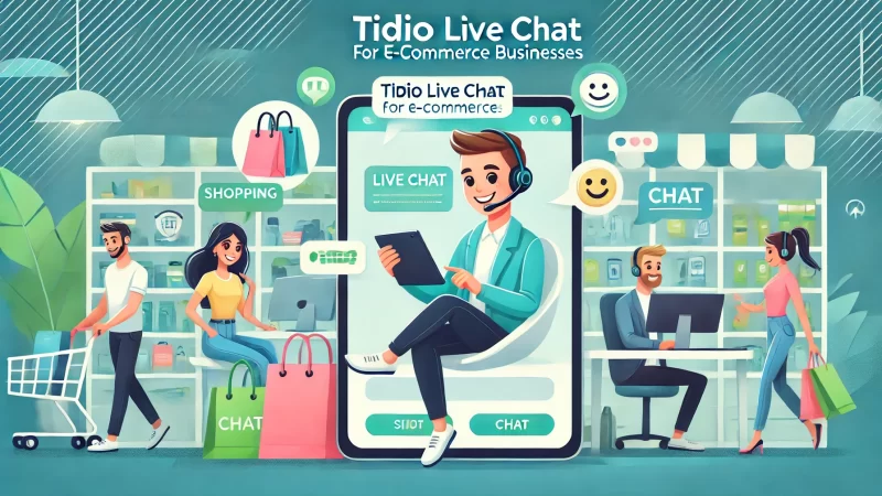 Tidio Live Chat: Boost Sales with Real-Time Engagement A digital illustration highlighting Tidio Live Chat designed for e-commerce businesses, featuring animated characters interacting in a seamless online shopping experience.