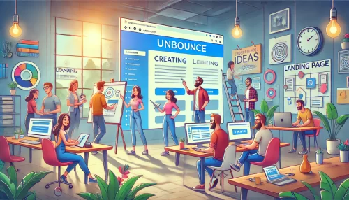 Top 5 Unbounce Landing Page Examples That Work A digital illustration of a modern and informative scene featuring animated characters working together to create a landing page on large computer screens.