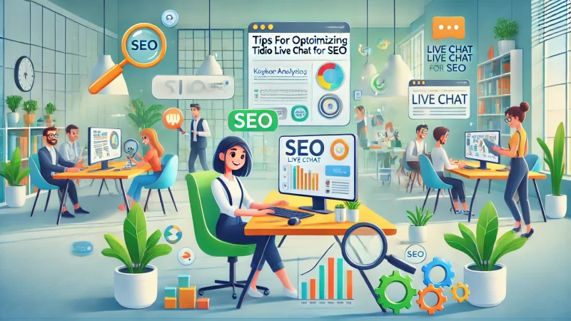 Tidio Live Chat: Boost Sales with Real-Time Engagement A digital illustration showcasing tips for optimizing Tidio Live Chat for SEO, featuring animated characters working on enhancing website performance.