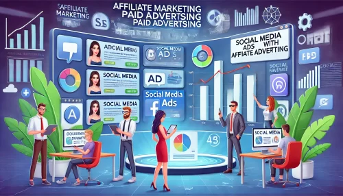 How to Promote Affiliate Products Without a Website A modern and informative digital illustration featuring animated characters and scenes related to affiliate marketing with paid advertising.