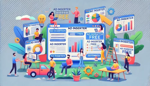 Ad Inserter Pro vs Free: Which Version Is Right for You? A modern and informative digital illustration with animated characters and scenes, depicting bloggers, small website owners, and content creators working on their websites.