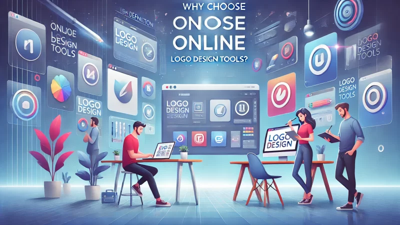 Quick & Creative Logo Design Online for Small Businesses A modern and informative digital illustration featuring animated characters, designed in a sleek, professional style.