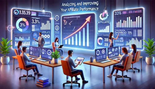 Creative Market Affiliate Strategy: Make $500+ Monthly A modern and informative digital illustration focusing on 'Analyzing and Improving Your Affiliate Performance.'