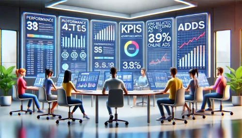 How to Double Your Advertising Revenue This Year A modern and informative scene featuring animated characters in a sleek digital workspace, analyzing advertising metrics on multiple screens.