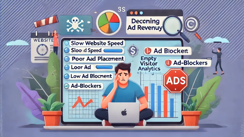 How to Build an Ad Revenue Website That Prints Money An informative animated-style illustration showing common mistakes that harm ad revenue on websites.