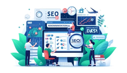 How Surfer SEO Boosts Content Quality and Organic Growth An informative digital illustration featuring animated characters and scenes related to SEO optimization.