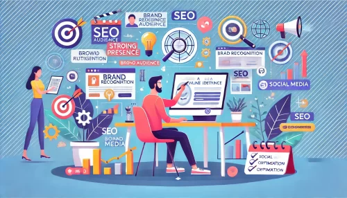 How Do I Create an Online Business and Quit My 9-5 Job? An informative animated-style illustration showing a person building a strong online presence and brand identity.