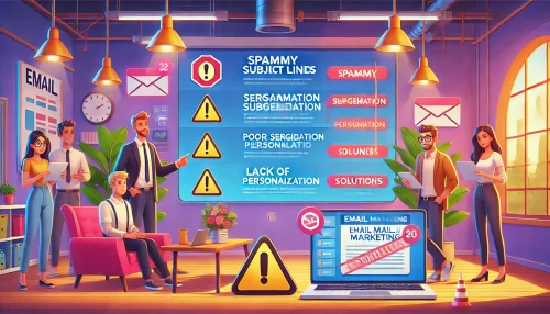 Email Marketing Service: Top Picks & Expert Reviews An informative and engaging scene with animated characters in a modern office setting, discussing common email marketing mistakes and how to avoid them.