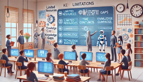 Amazon Associates Program Limitations: What You Must Know An informative illustration featuring animated characters in a classroom-like setting, discussing limitations and challenges on a digital whiteboard.